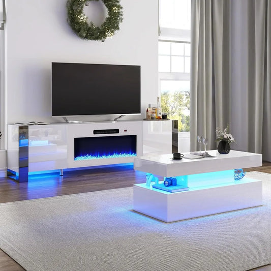 80" LED TV Stand w/40" Electric Fireplace & High Gloss Coffee Table (Set of 3)