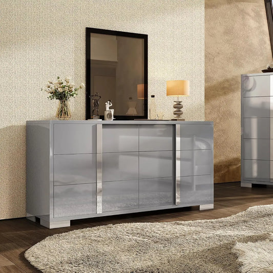 Elegant 54" W High Gloss 6 Drawers Dressers with Silver Grooved Handles