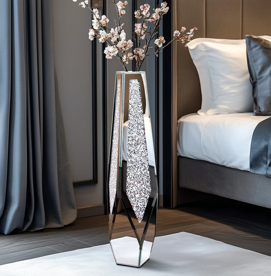 Crushed Diamond Glass Tall Floor Mirror Vase