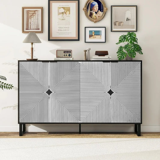 59in. Sideboard Buffet with Black & White Striped Accent Cabinet