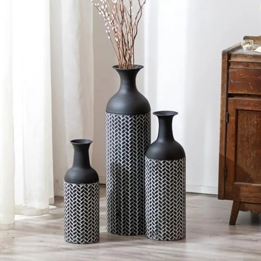 Large Black Vintage Metal Vases: 16", 20", 27" Set of 3