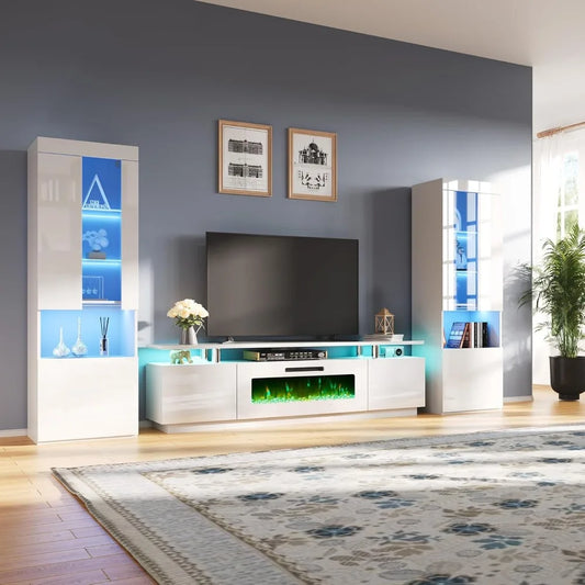 80" 2-Tier FireplaceTV with 2 High Gloss Bookshelves LED Lights & Glass Doors