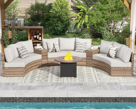 11 Piece Half-Moon Sectional Patio Furniture Set w/Large Storage Wedge Table