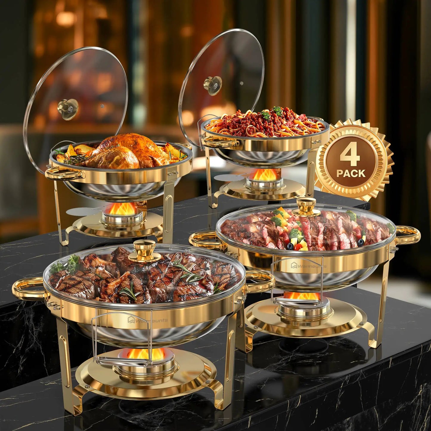 2 or 4 5QT Round Stainless Steel Chafing Warmer Set