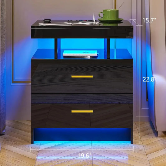 High Gloss Nightstand with USB/Wireless Charging Station (Set of 2)