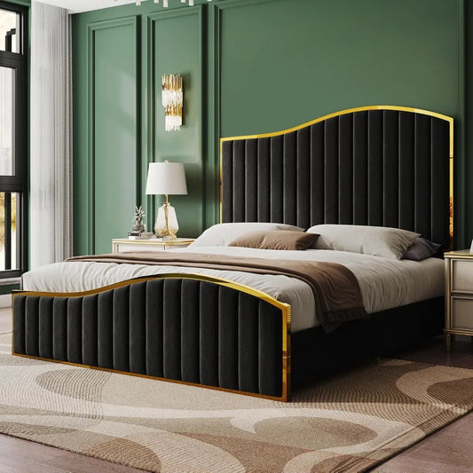 61.4" High Queen SizeHeadboard Platform Bed with Velvet Upholstry with Gold Trim , Bedroom Queen Bed Frame