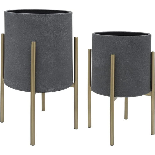 Dark Gray and Gold Metal Planter Pot Stands (Set of 2)
