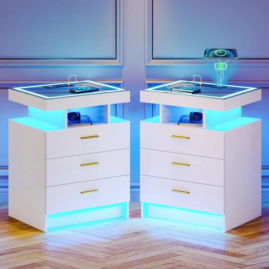 2 Set Smart Nightstands with Wireless Charging Station with Dimmable Light