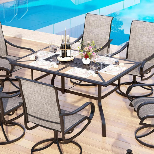Outdoor Patio Dining Table for 6, Rectangular Patio Furniture Table with Metal Frame and Immitation Top