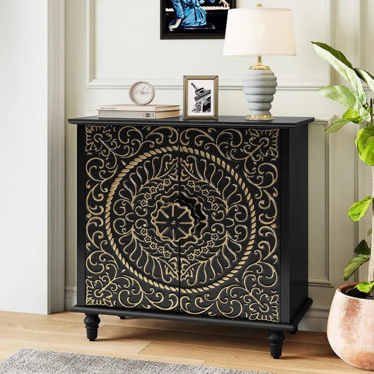 2-Door Decorative Storage Cabinet w/Carved Flower Pattern