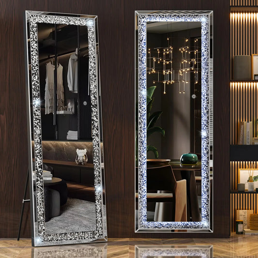 Full-Length Mirror 63×20 inch with Lights and Crystal Crush Diamond Inlay