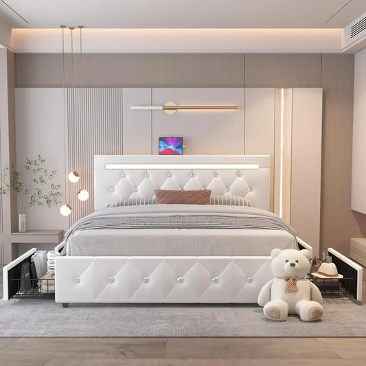 Full Size Bed Frame with 4 Drawers and LED Lighting