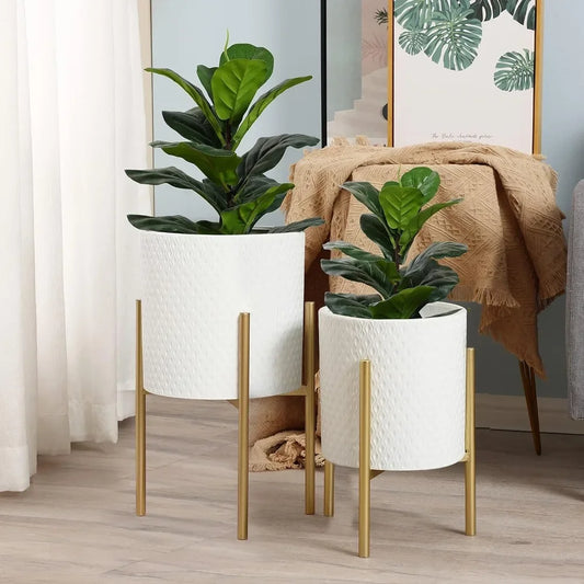Set of 2 White Planter w/ Gold Metal Stand