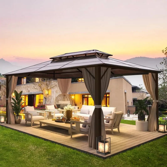 10'x13' Hardtop Double Roof Canopy Gazebo w/ Curtains and Netting