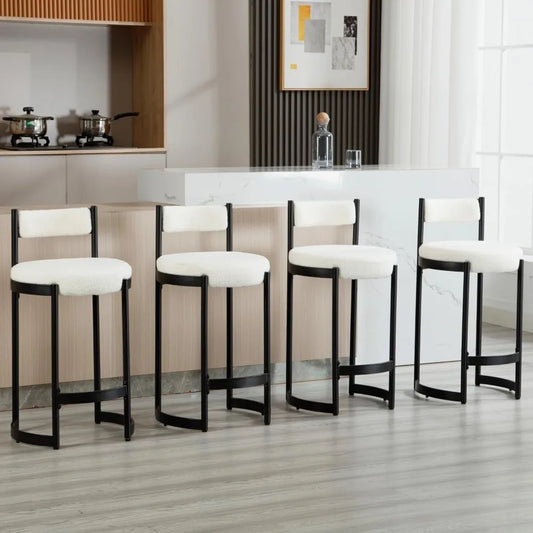 Boucle Upholstered Barrel Bar Stools w/Backrest Black Metal Frame (Set of 4)