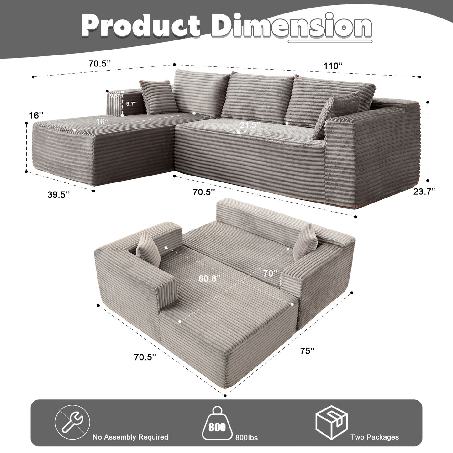 Convertible L-Shaped Sofa Bed w/Corduroy Fabric