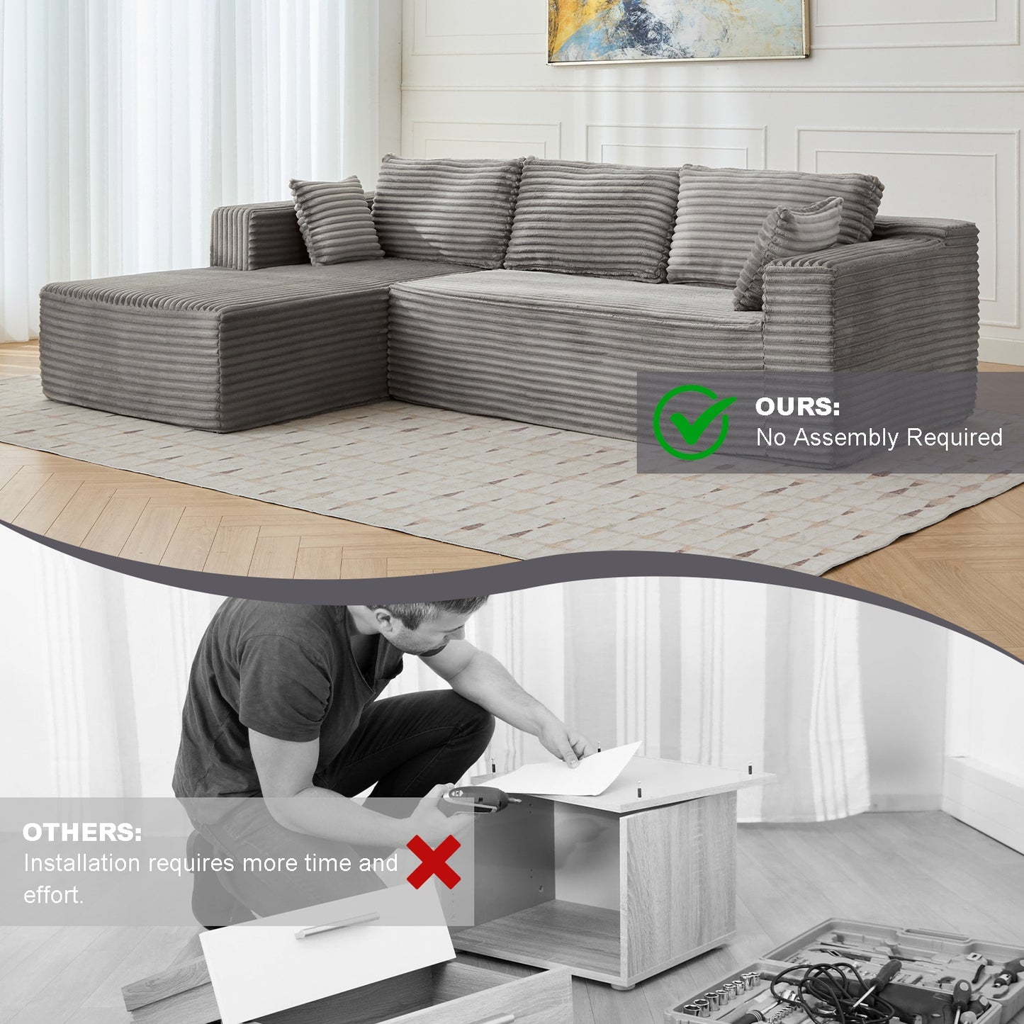 Convertible L-Shaped Sofa Bed w/Corduroy Fabric