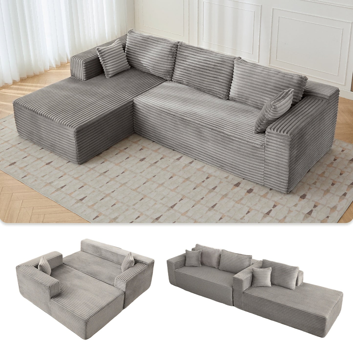 Convertible L-Shaped Sofa Bed w/Corduroy Fabric