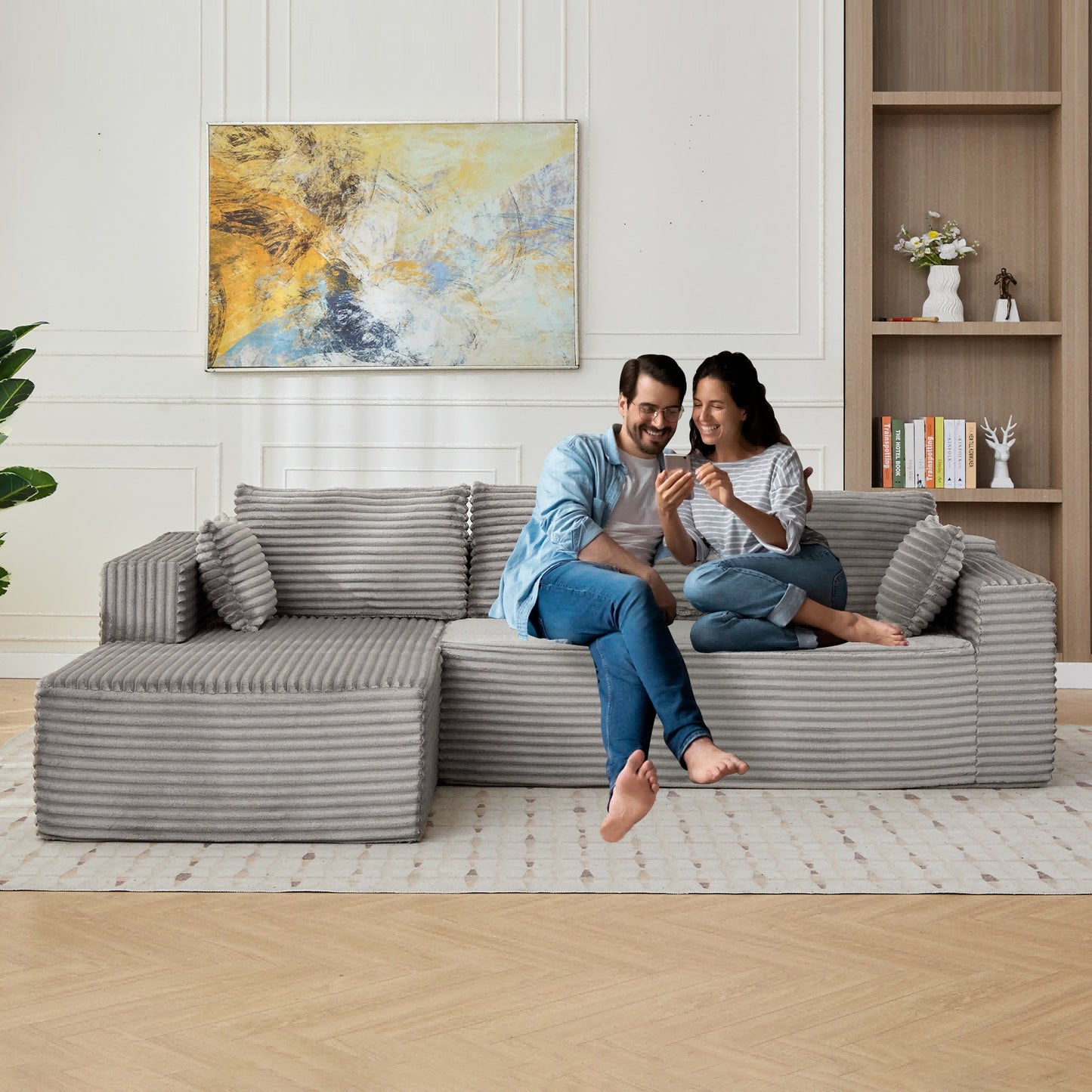 Convertible L-Shaped Sofa Bed w/Corduroy Fabric